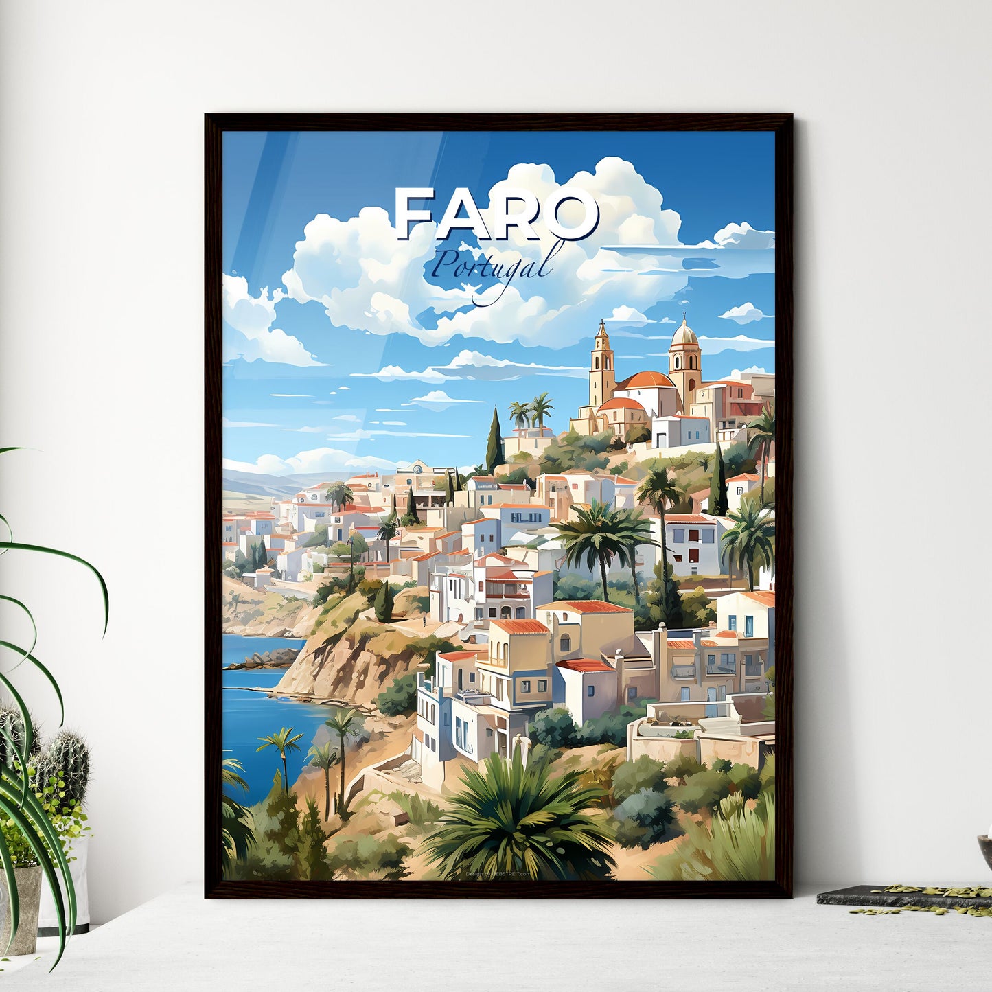 Faro, Portugal, A Poster of a town on a hill with palm trees and a body of water Default Title