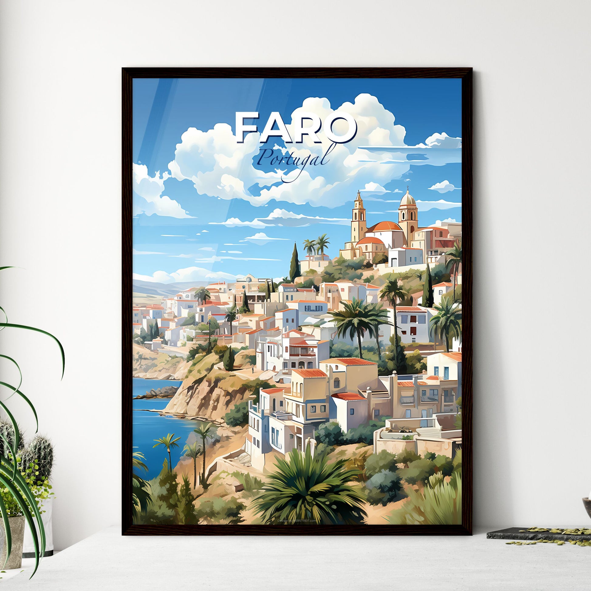Faro, Portugal, A Poster of a town on a hill with palm trees and a body of water Default Title