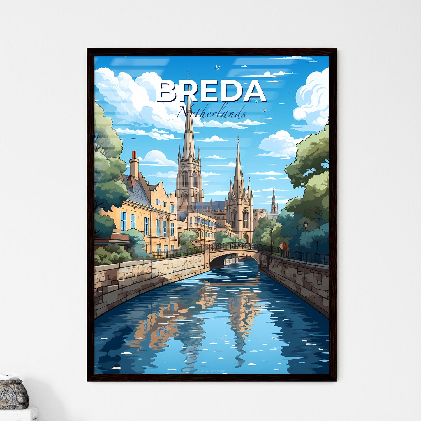 Breda, Netherlands, A Poster of a river with a bridge and a castle Default Title