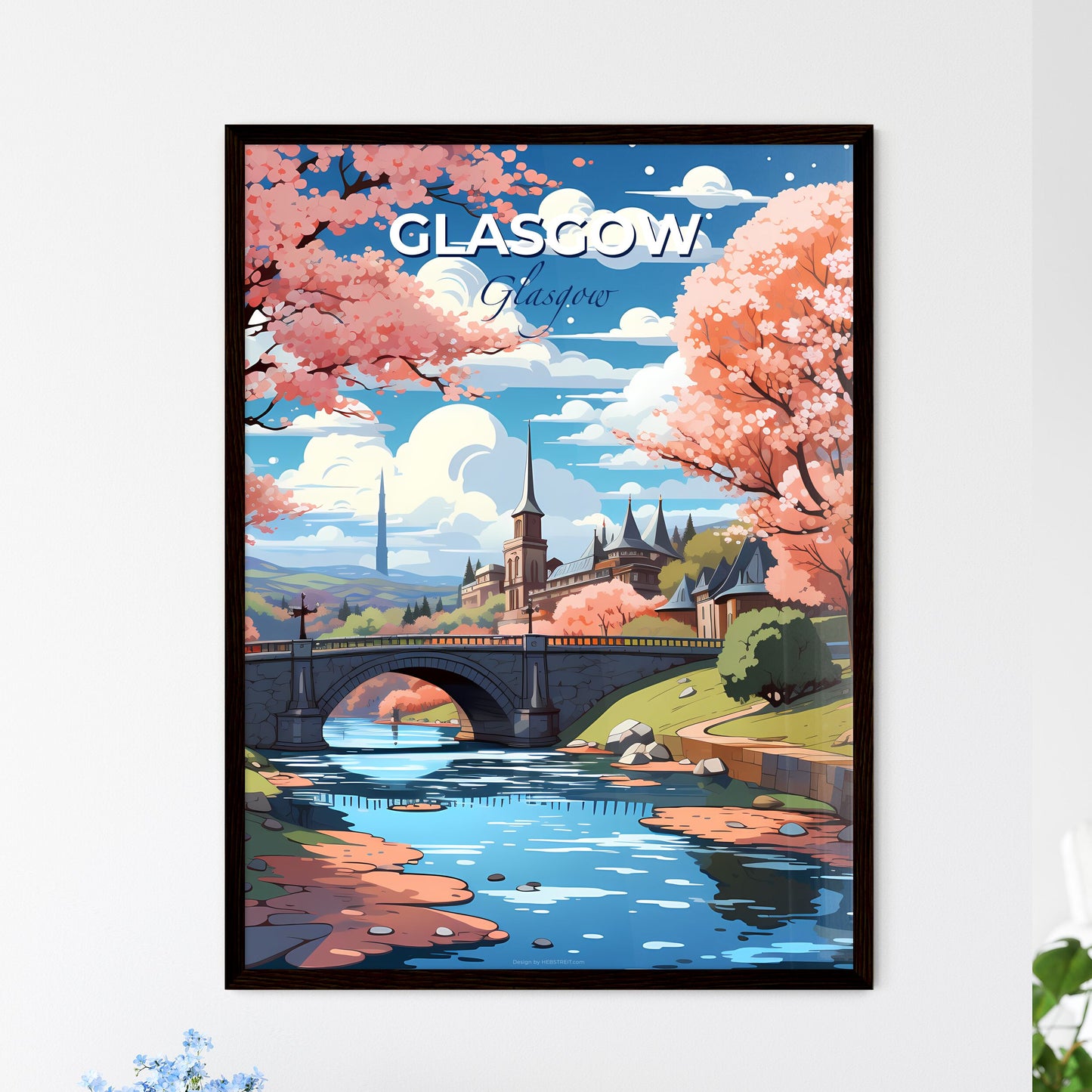 Glasgow, Glasgow, A Poster of a bridge over a river with pink trees and a castle Default Title