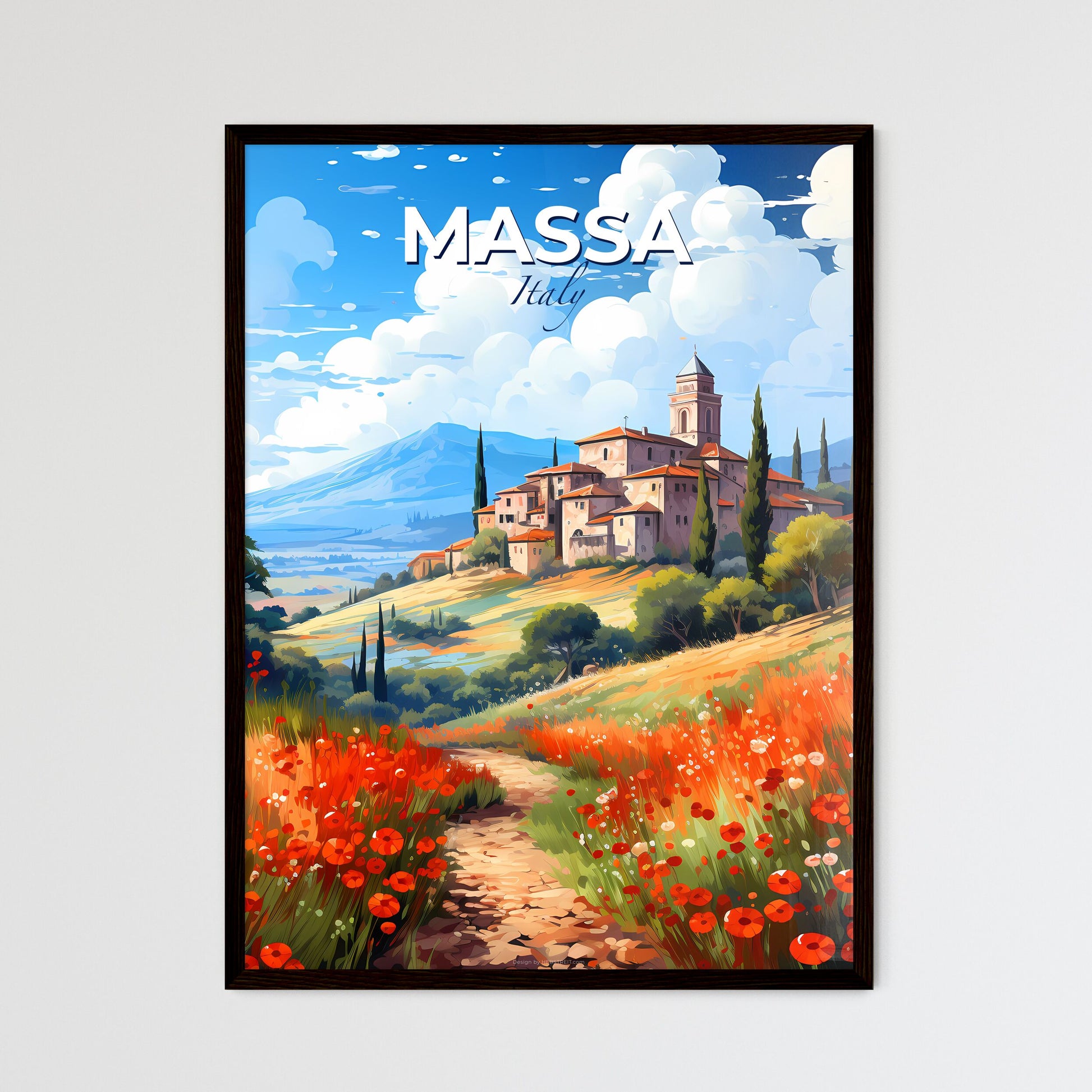 Massa, Italy, A Poster of a painting of a village in a valley with flowers Default Title