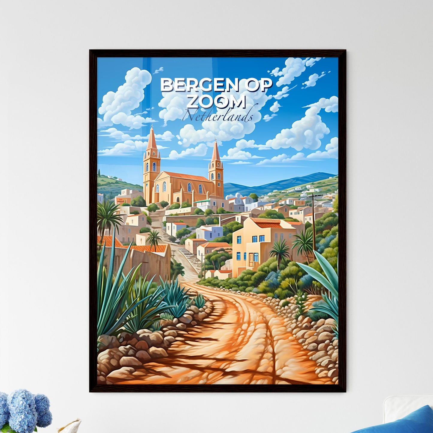 Bergen Op Zoom, Netherlands, A Poster of a painting of a town with a dirt road and a church Default Title