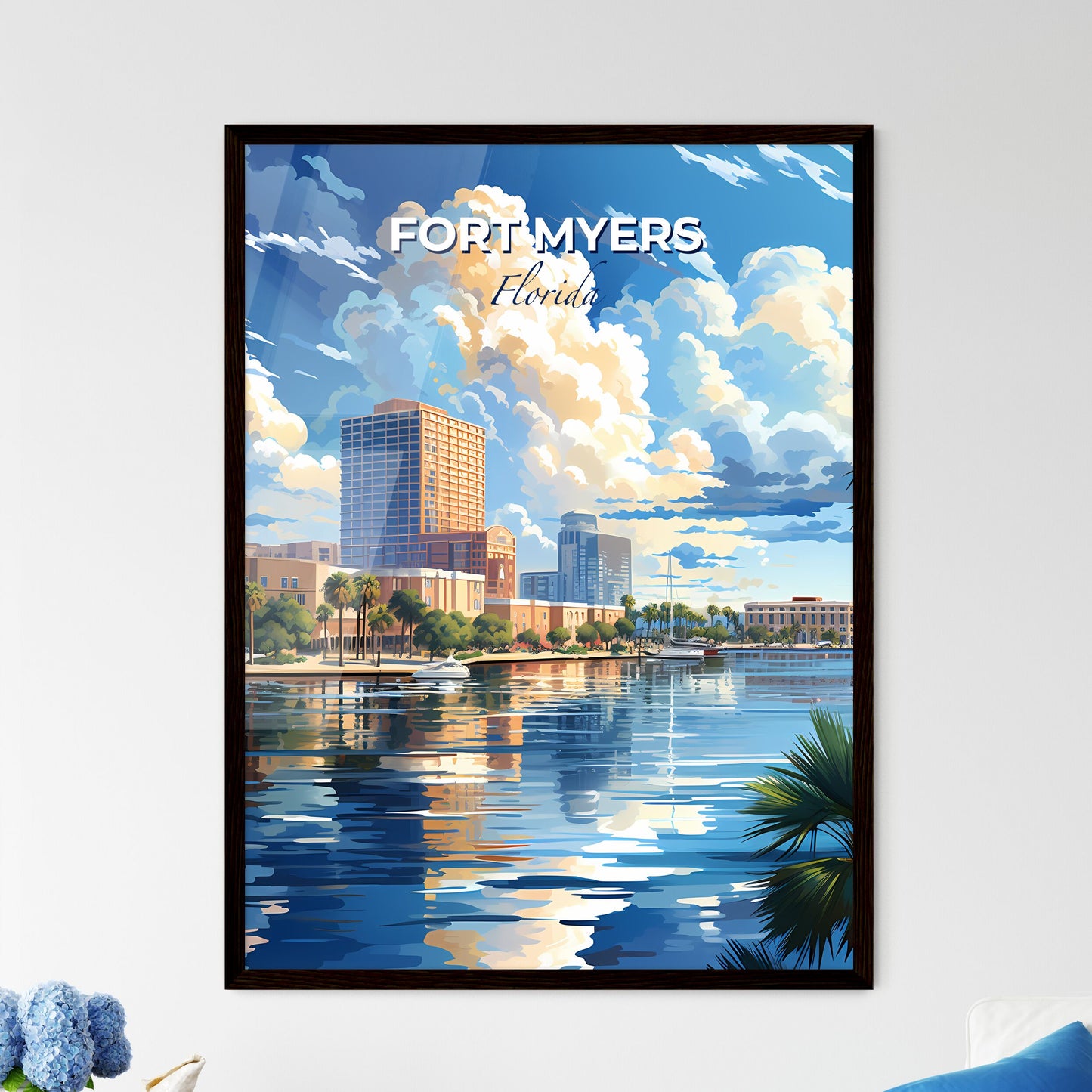 Fort Myers, Florida, A Poster of a water body with palm trees and buildings Default Title