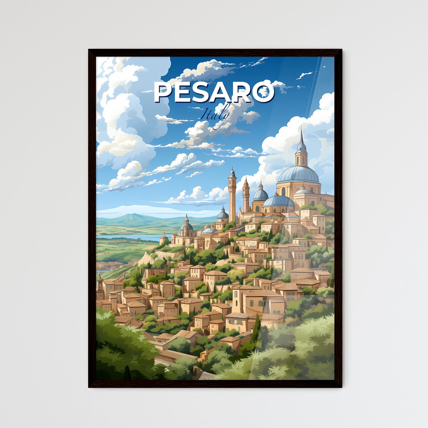 Pesaro, Italy, A Poster of a city on a hill with trees and a blue sky Default Title