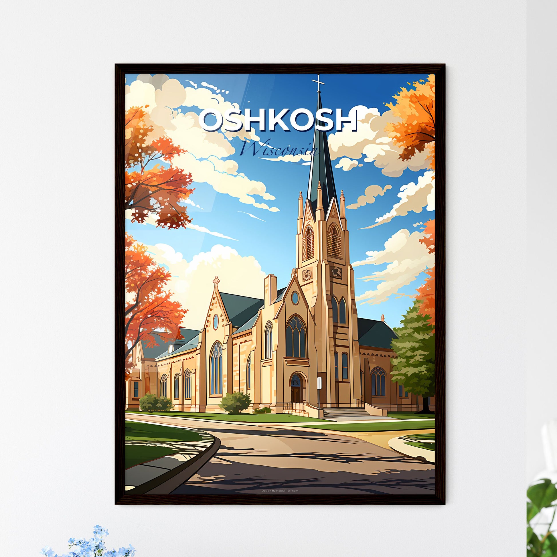 Oshkosh, Wisconsin, A Poster of a church with trees and a street sign Default Title