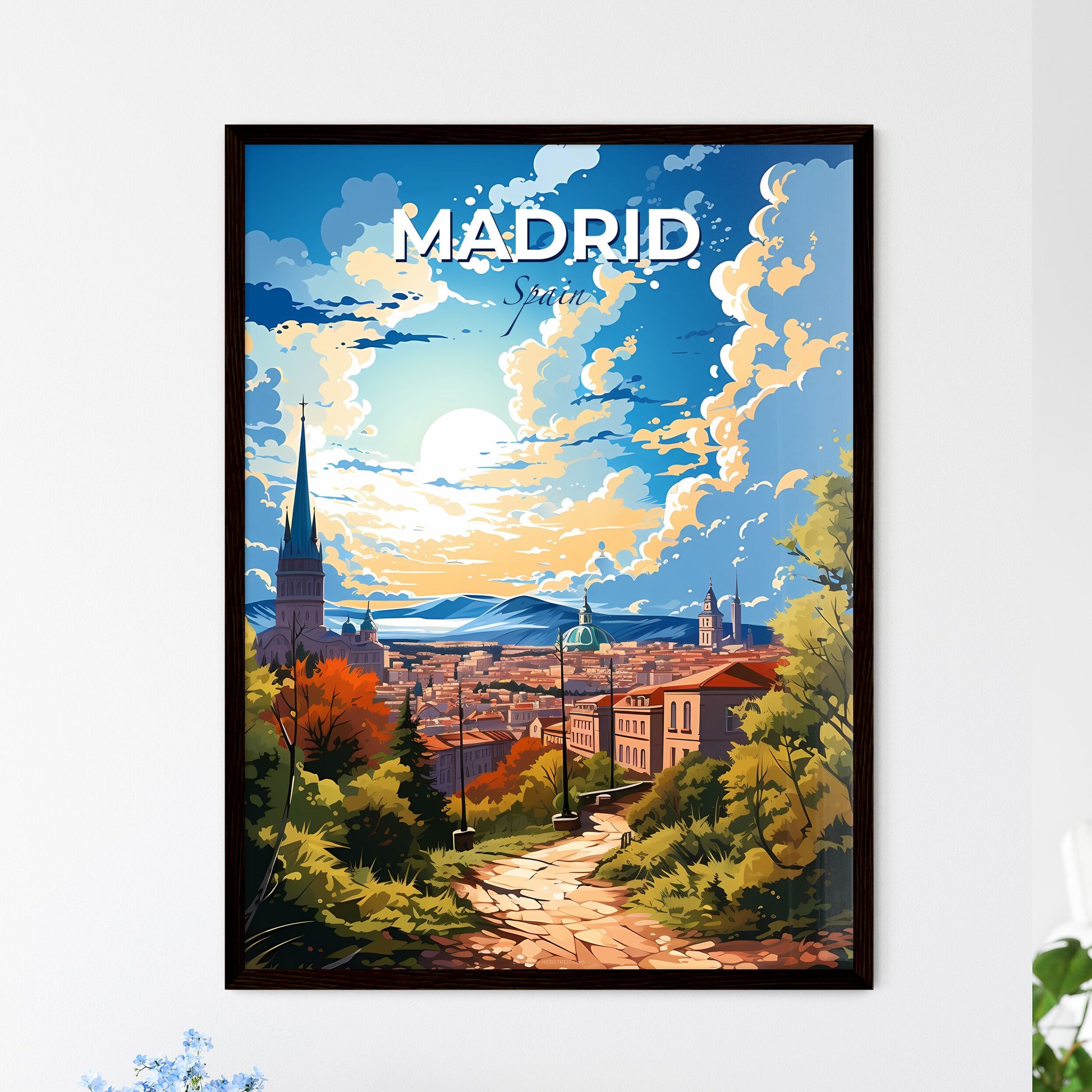 Madrid, Spain, A Poster of a landscape of a city with trees and buildings Default Title