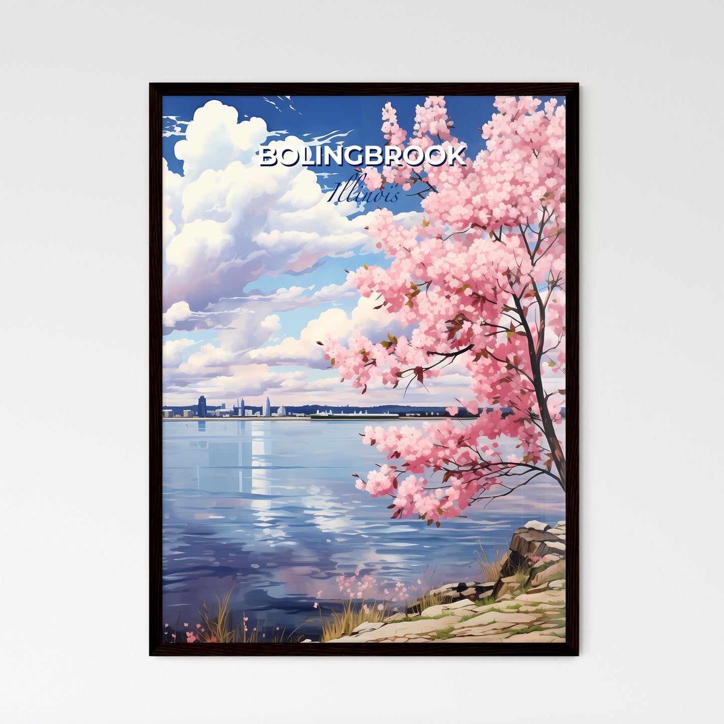 Bolingbrook, Illinois, A Poster of a pink tree with pink blossoms next to water Default Title