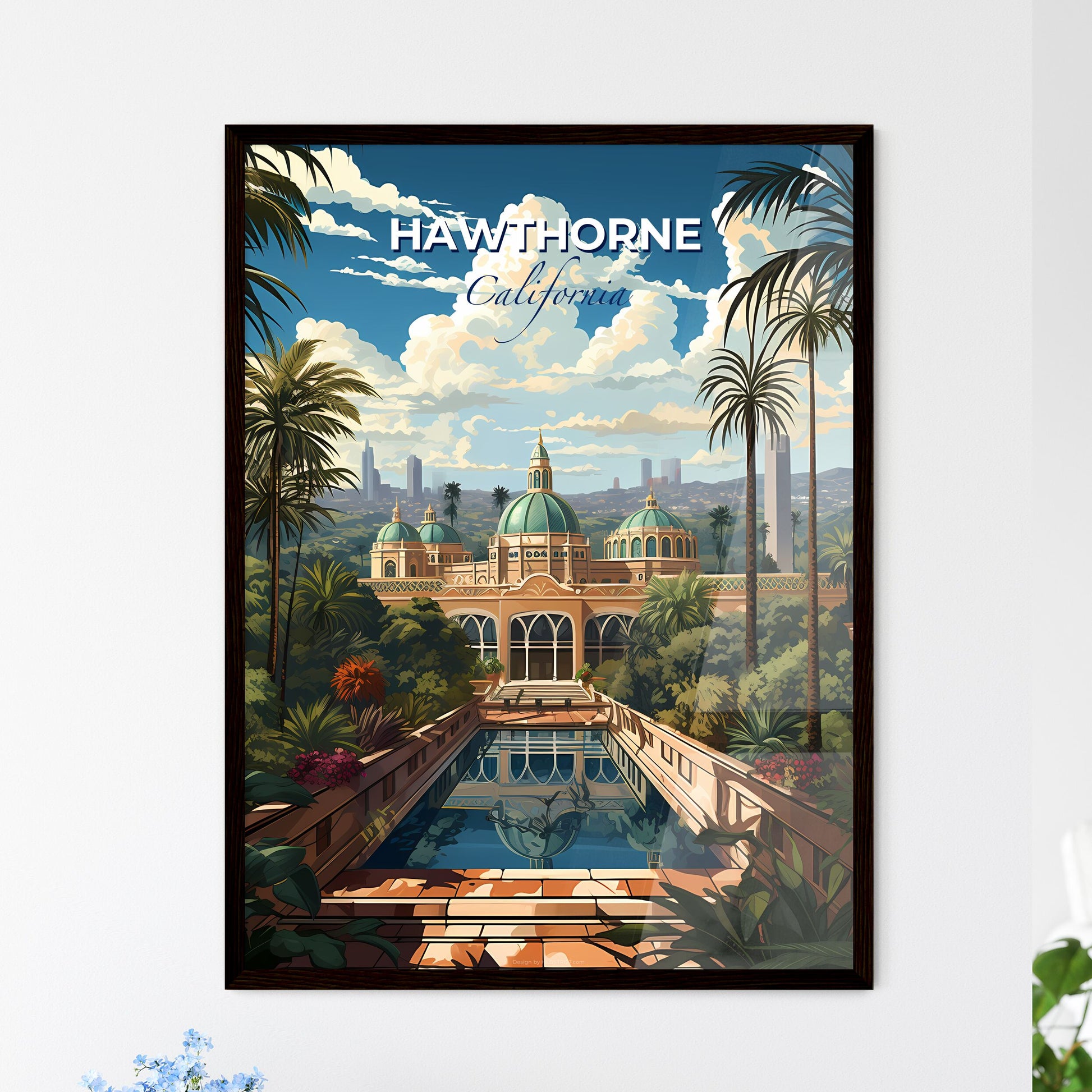 Hawthorne, California, A Poster of a pool in front of a building with trees and plants Default Title