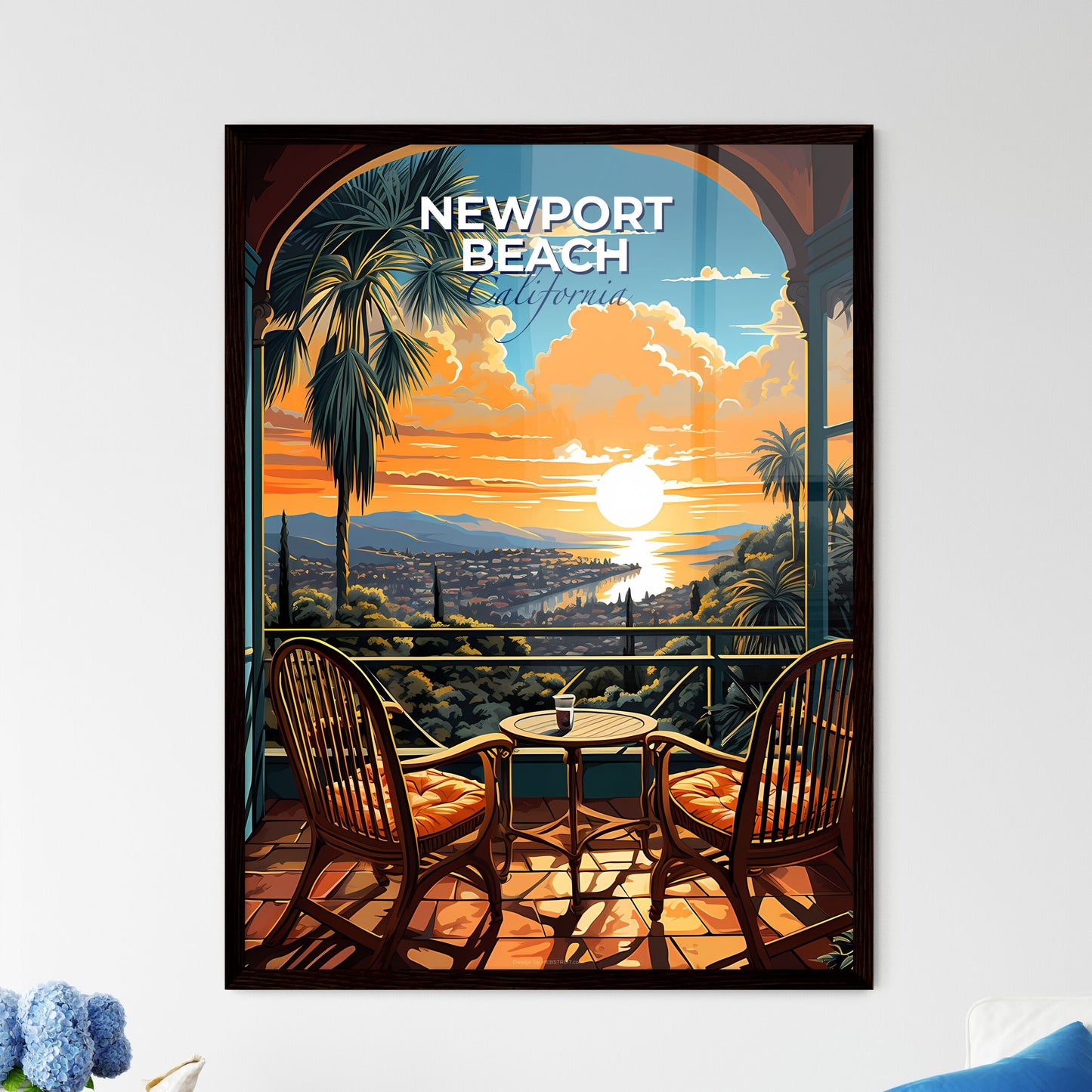 Newport Beach, California, A Poster of a table and chairs on a balcony overlooking a city Default Title