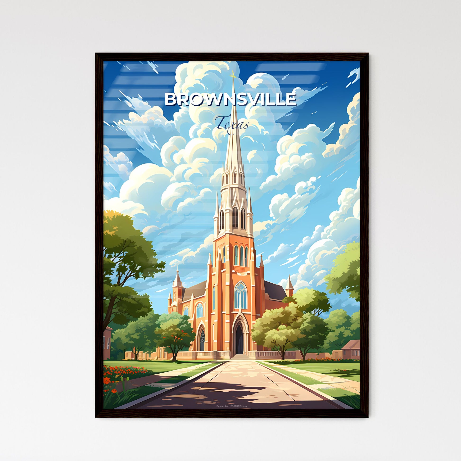 Brownsville, Texas, A Poster of a church with a tall tower and trees with Notre-Dame Cathedral Basilica of Saigon in the background Default Title