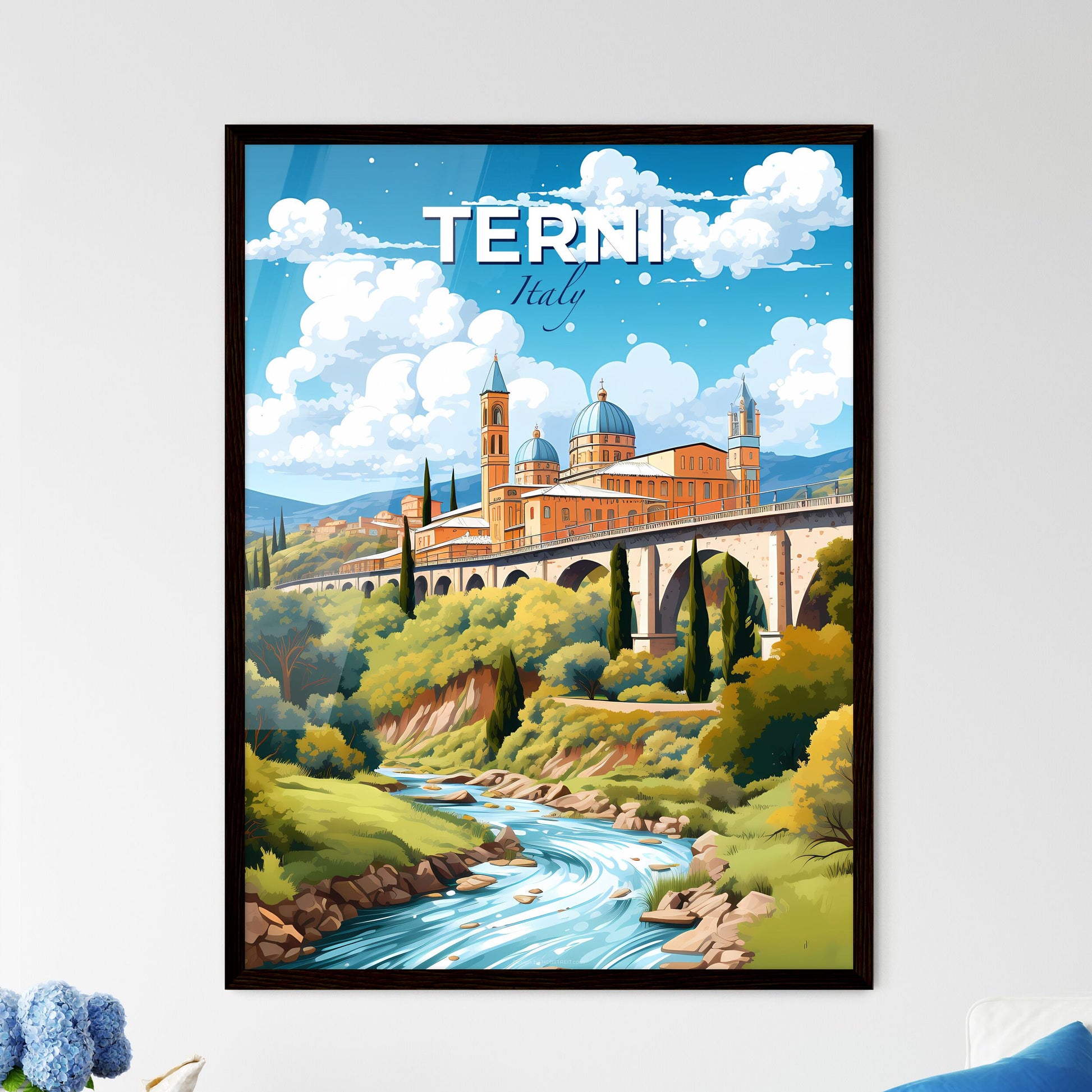 Terni, Italy, A Poster of a bridge over a river with a castle and trees Default Title