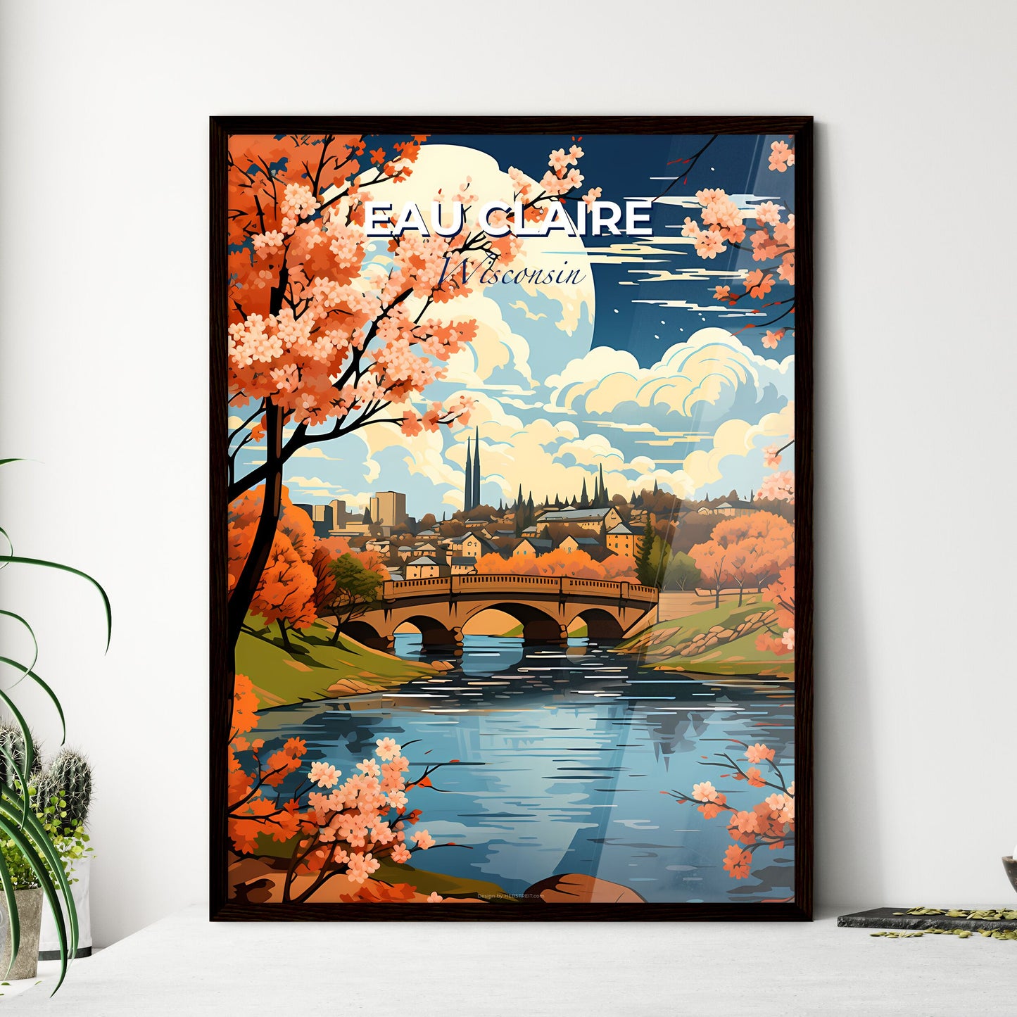 Eau Claire, Wisconsin, A Poster of a bridge over a river with orange trees and a city in the background Default Title