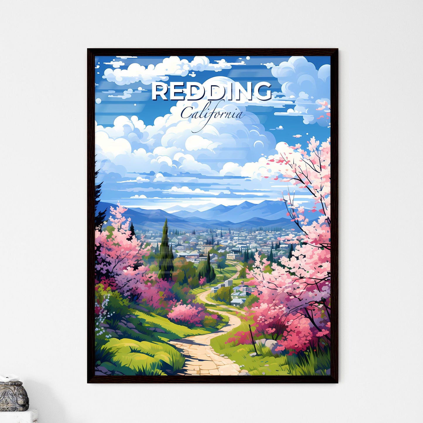 Redding, California, A Poster of a road through a valley with pink flowers Default Title