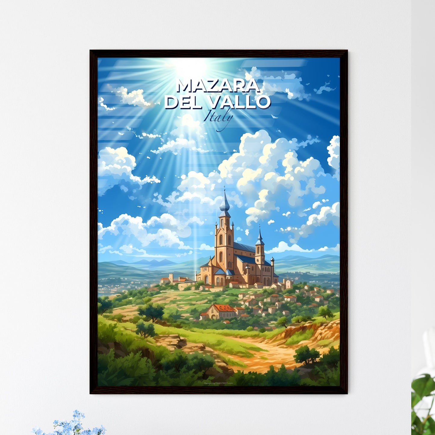 Mazara Del Vallo, Italy, A Poster of a building on a hill with a large building and a large building with a tower Default Title