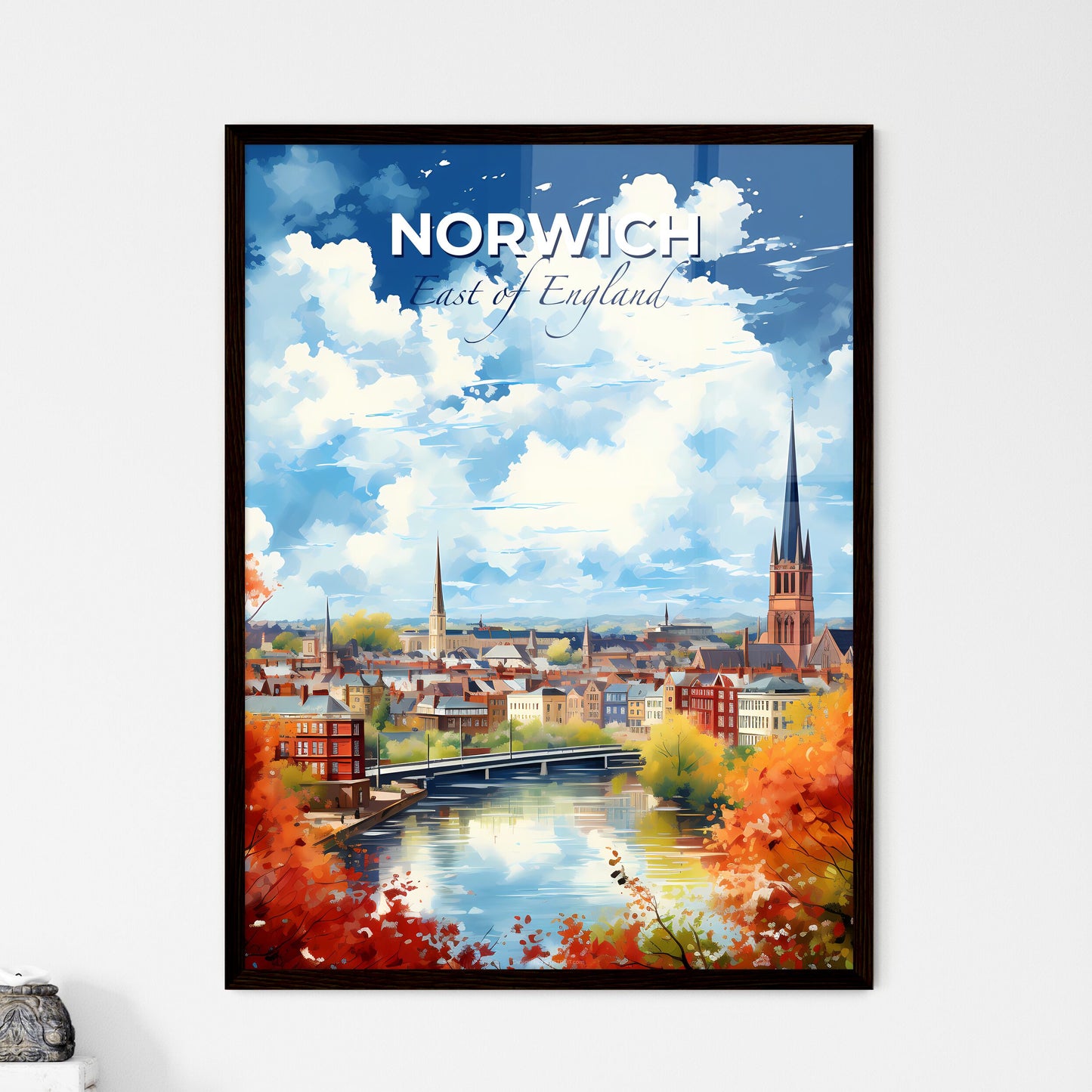 Norwich, East of England, A Poster of a water way with trees and buildings Default Title