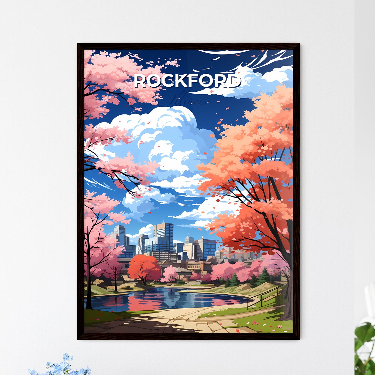 Rockford, Illinois, A Poster of a river with pink trees and a city in the background Default Title