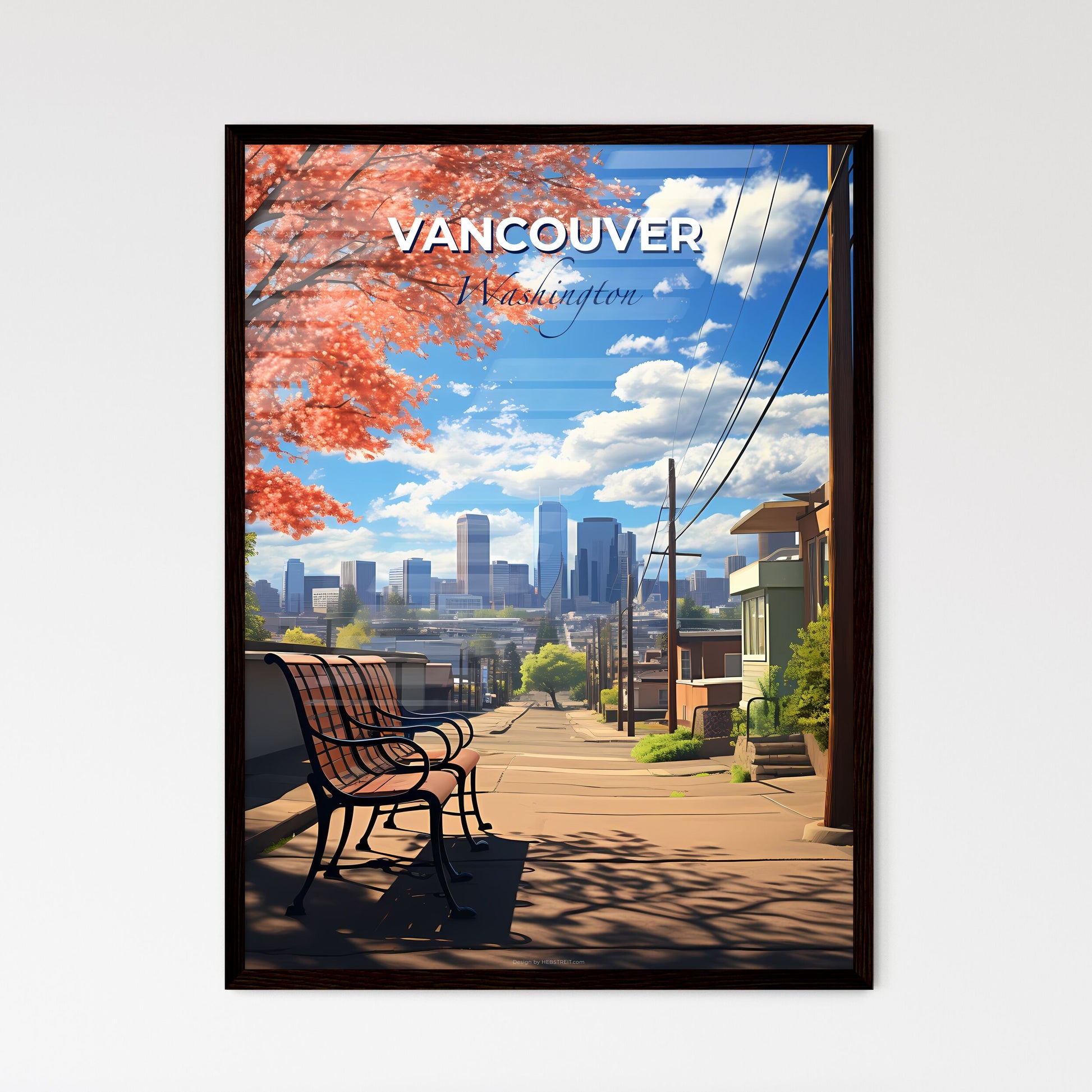 Vancouver, Washington, A Poster of a bench on a sidewalk with trees and buildings in the background Default Title