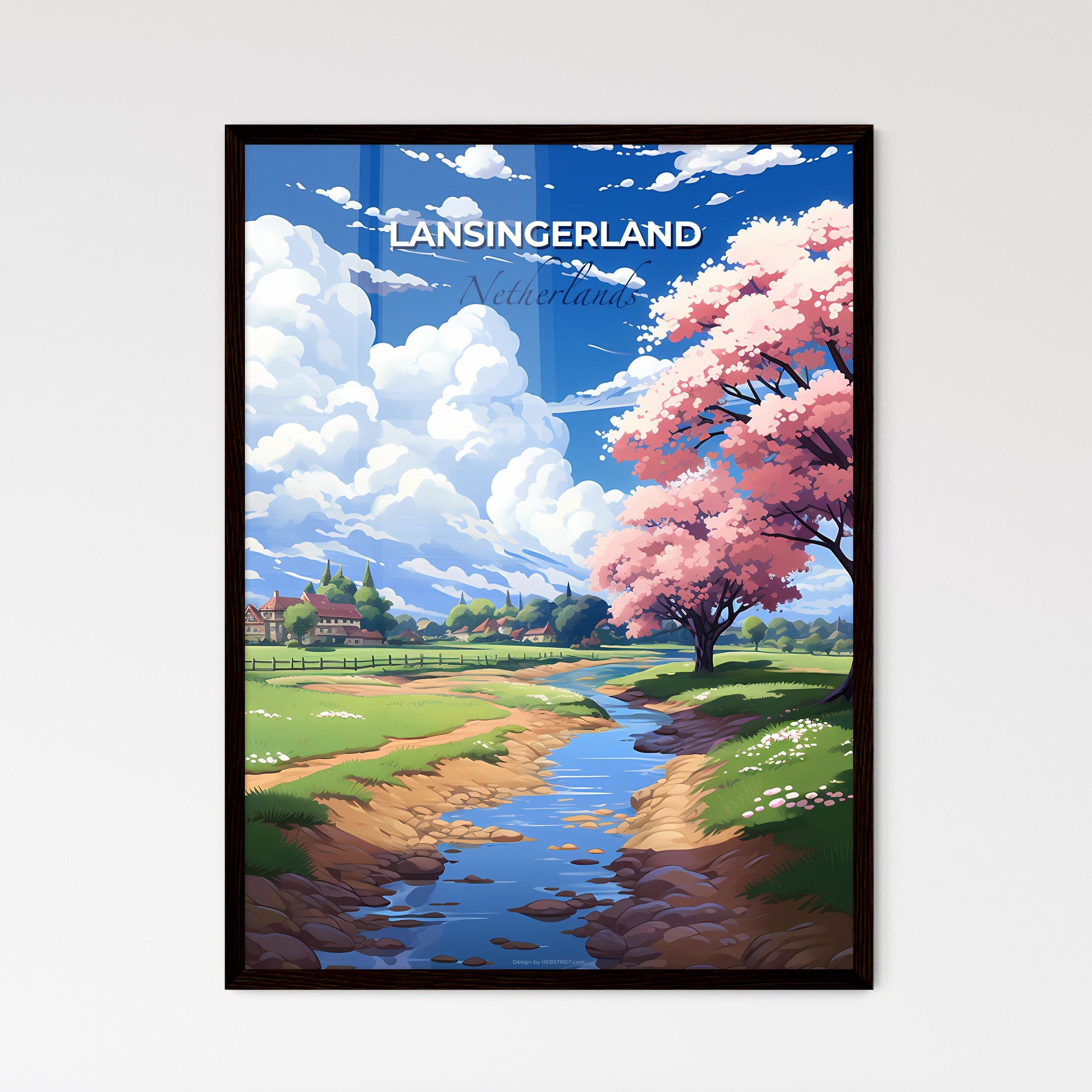 Lansingerland, Netherlands, A Poster of a stream running through a field with pink trees and a house Default Title