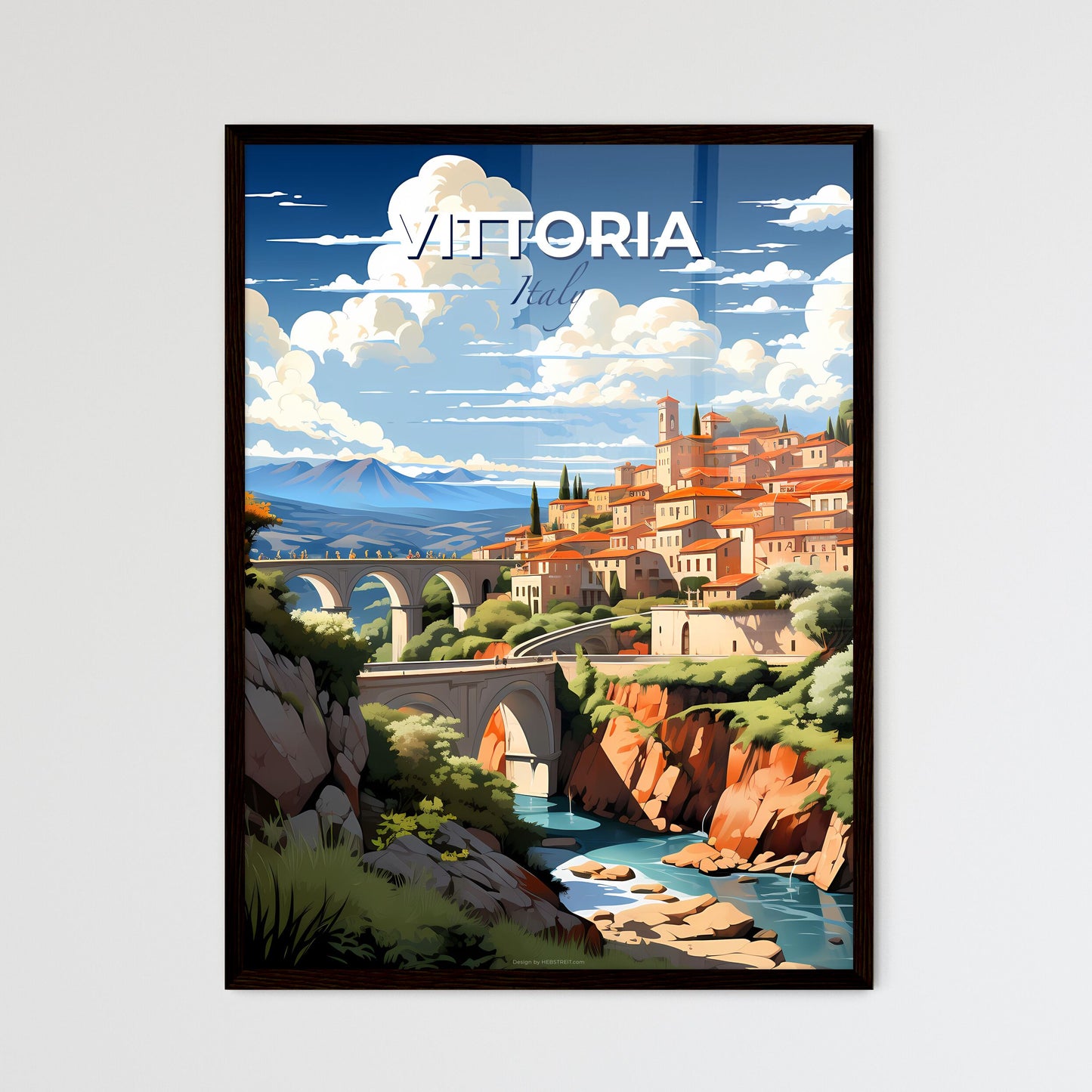 Vittoria, Italy, A Poster of a bridge over a river with buildings and trees Default Title