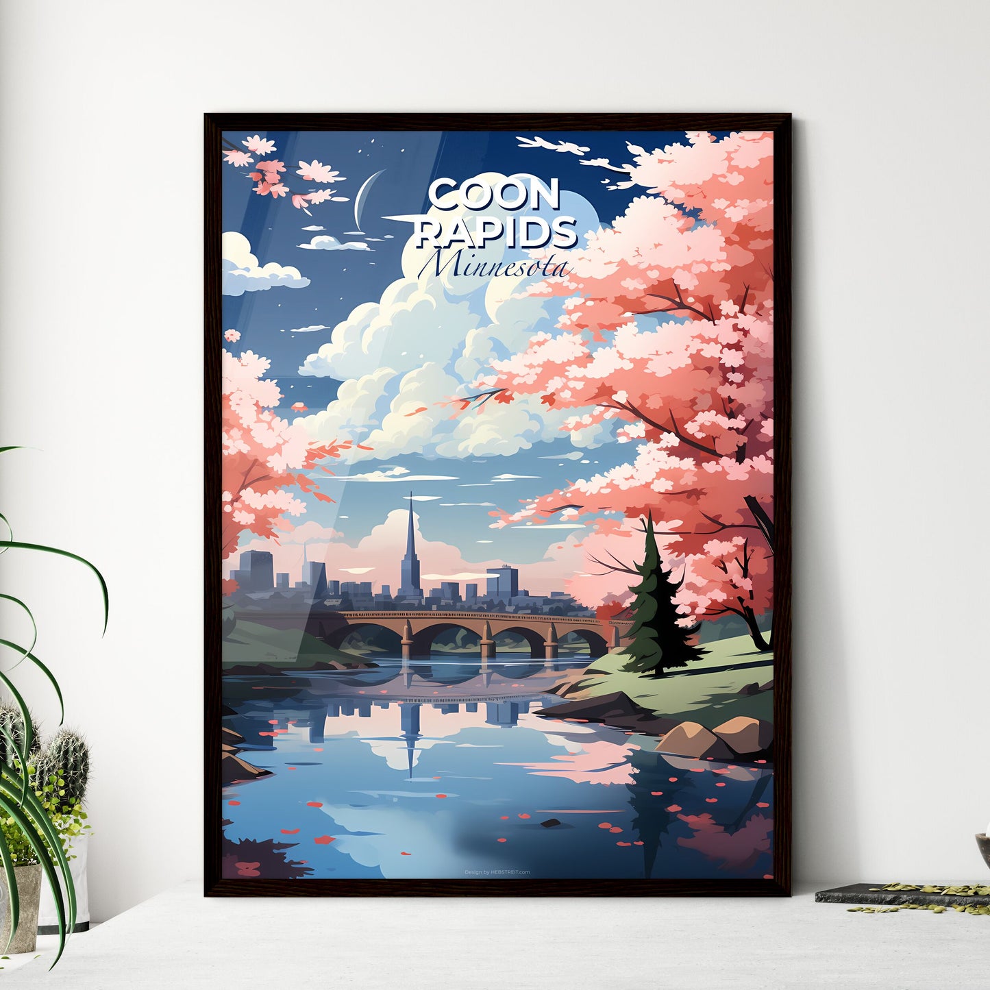 Coon Rapids, Minnesota, A Poster of a river with pink trees and a bridge Default Title