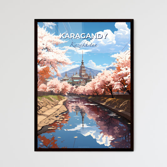Karagandy, Kazakhstan, A Poster of a river with pink trees and a building in the background Default Title