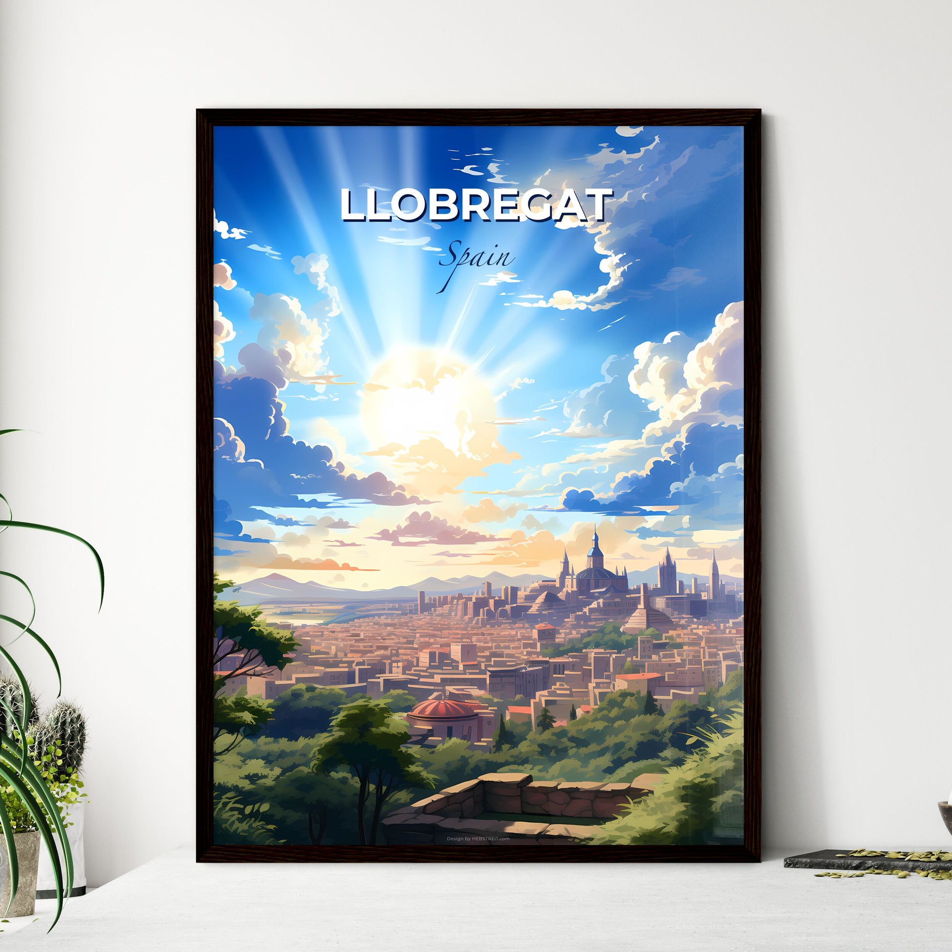 Llobregat, Spain, A Poster of a city with trees and sun shining through clouds Default Title