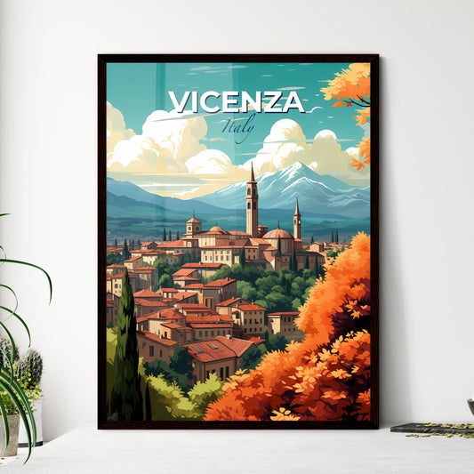 Vicenza, Italy, A Poster of a city with towers and trees in front of mountains Default Title