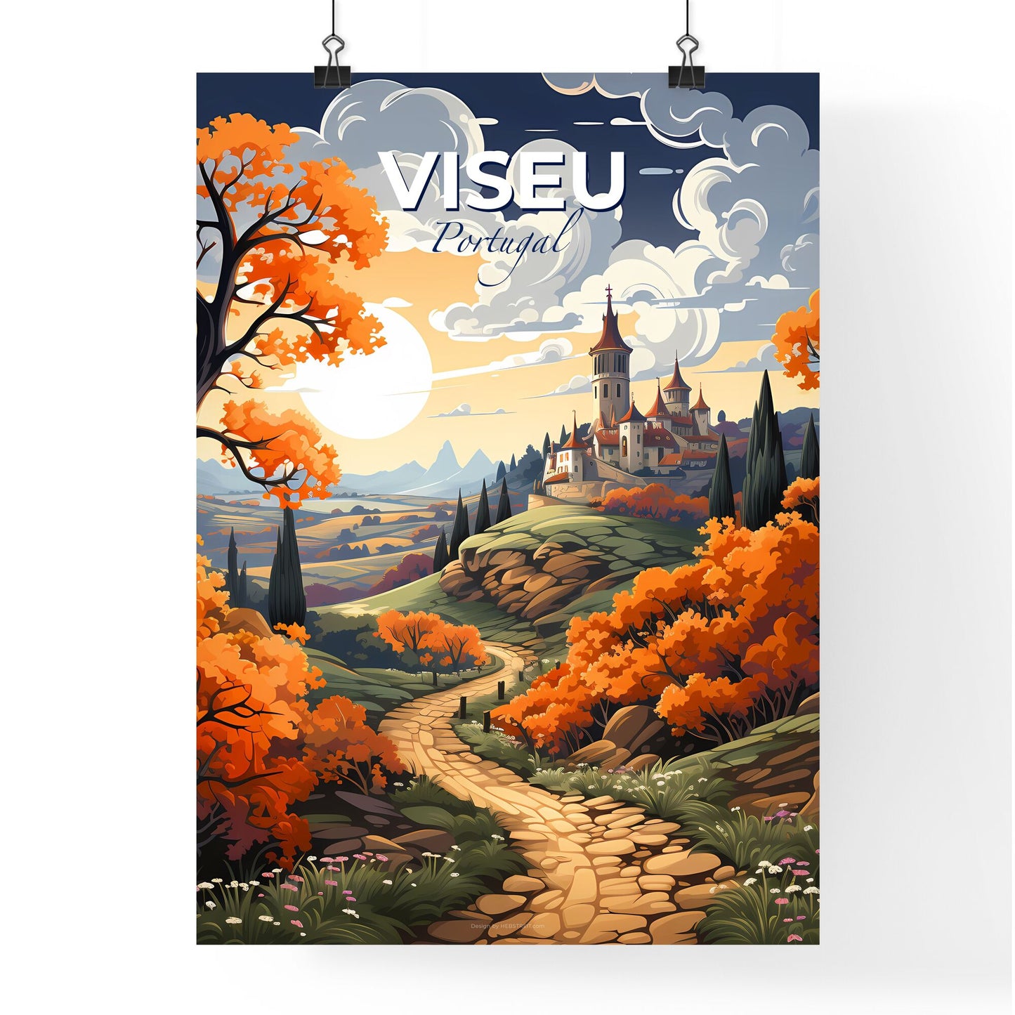 Viseu, Portugal, A Poster of a painting of a castle on a hill with trees and a road Default Title