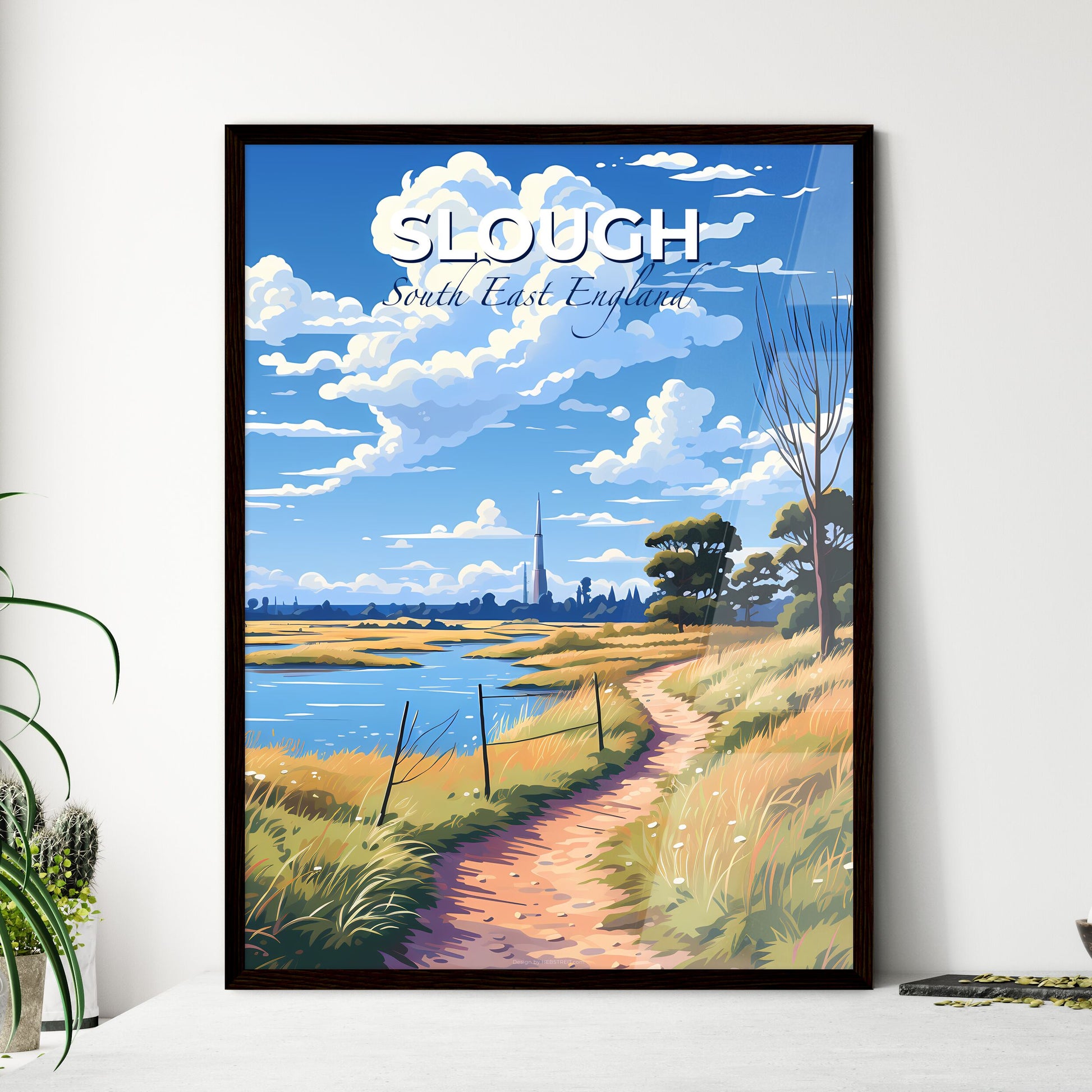 Slough, South East England, A Poster of a path through a grassy field with trees and water Default Title