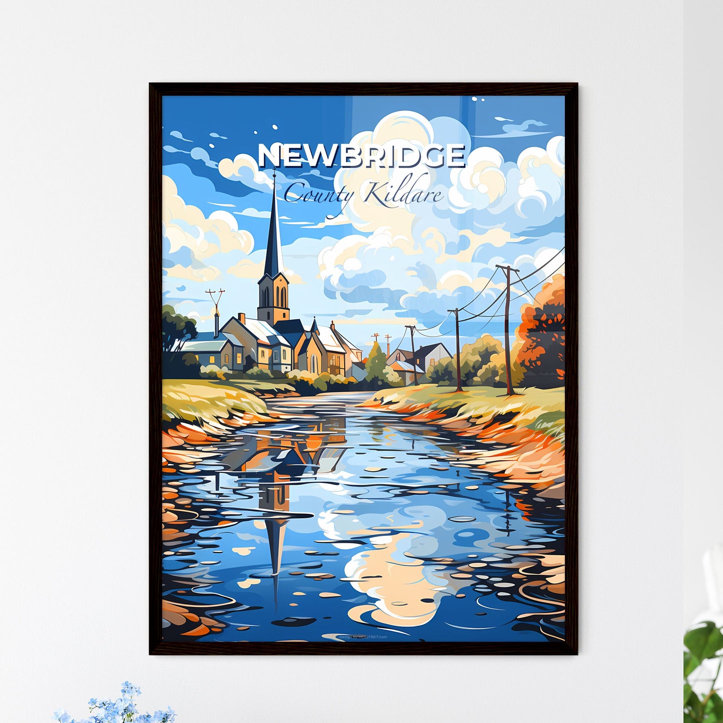 Newbridge, County Kildare, A Poster of a river with a church and trees Default Title