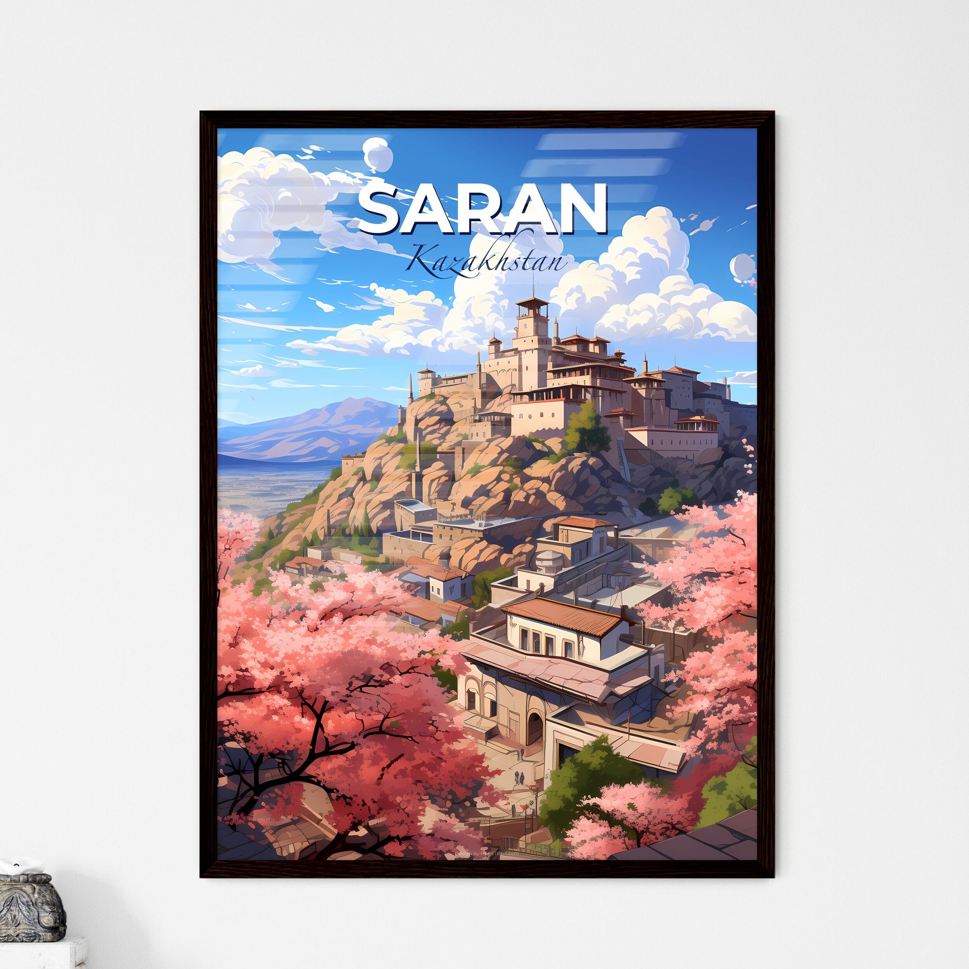 Saran, Kazakhstan, A Poster of a castle on a hill with pink flowers Default Title