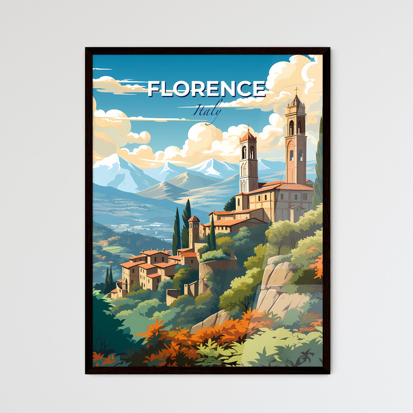 Florence, Italy, A Poster of a landscape of a town with a tower and trees Default Title