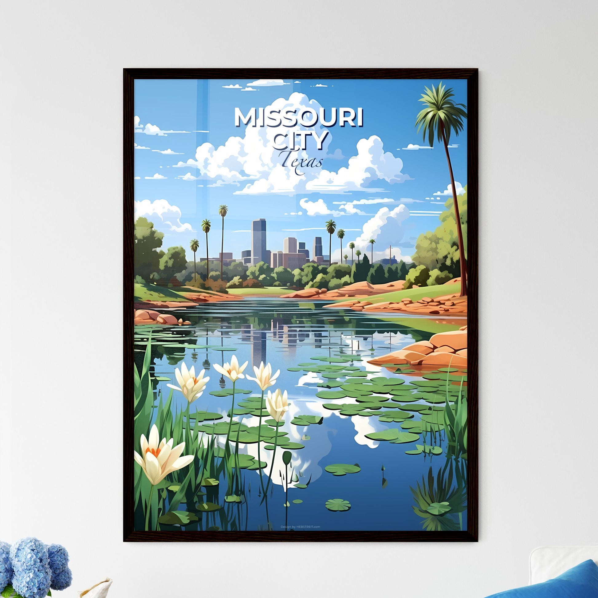 Missouri City, Texas, A Poster of a water with lily pads and flowers Default Title