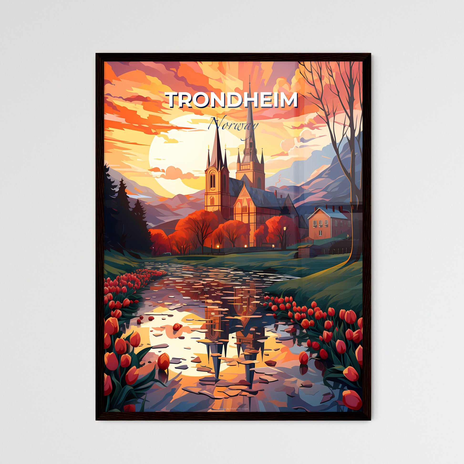 Trondheim, Norway, A Poster of a painting of a church with tulips by a river Default Title