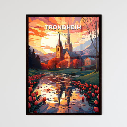 Trondheim, Norway, A Poster of a painting of a church with tulips by a river Default Title
