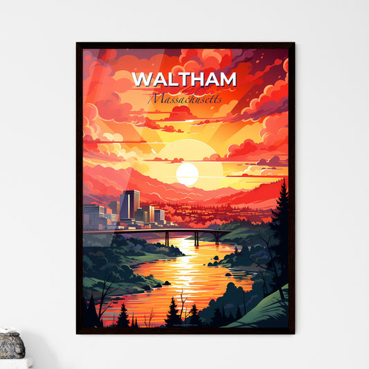 Waltham, Massachusetts, A Poster of a sunset over a river with a bridge and trees Default Title