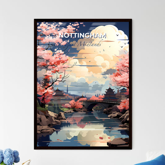 Nottingham, East Midlands, A Poster of a river with a bridge and trees with pink flowers Default Title