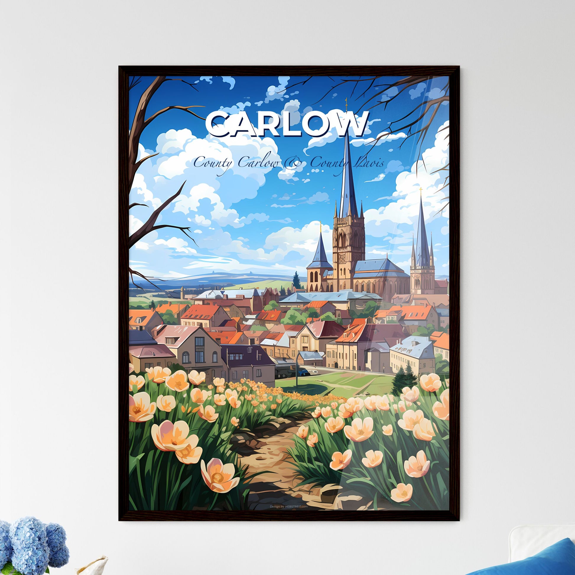 Carlow, County Carlow & County Laois, A Poster of a landscape with a flower field and a church Default Title