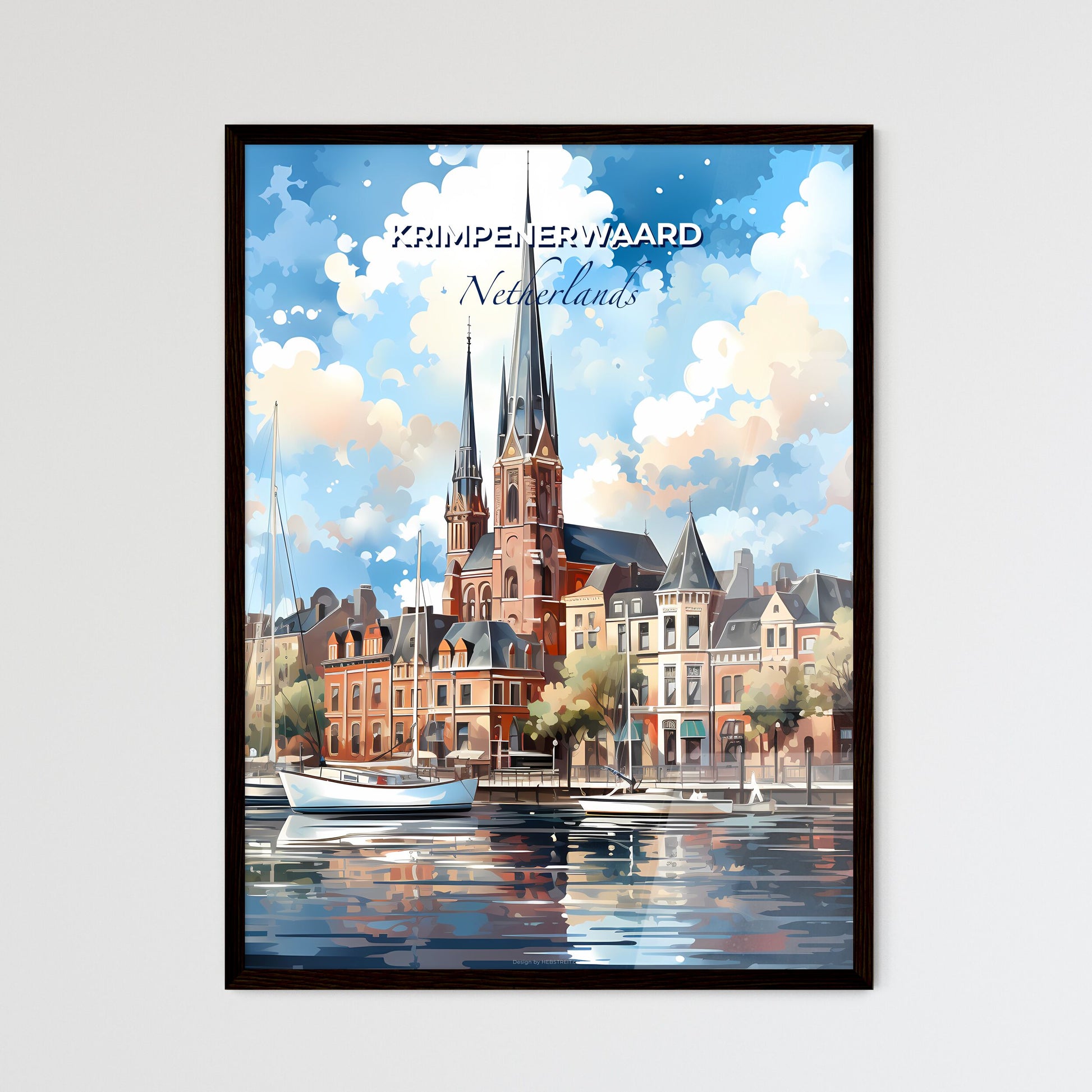 Krimpenerwaard, Netherlands, A Poster of a watercolor painting of a city with a church and boats Default Title