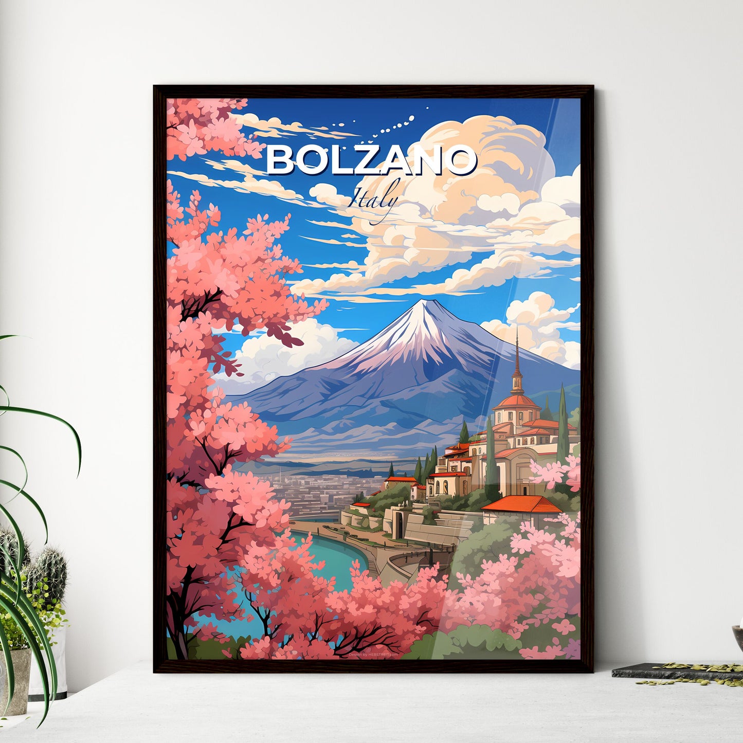 Bolzano, Italy, A Poster of a mountain with a city and trees Default Title
