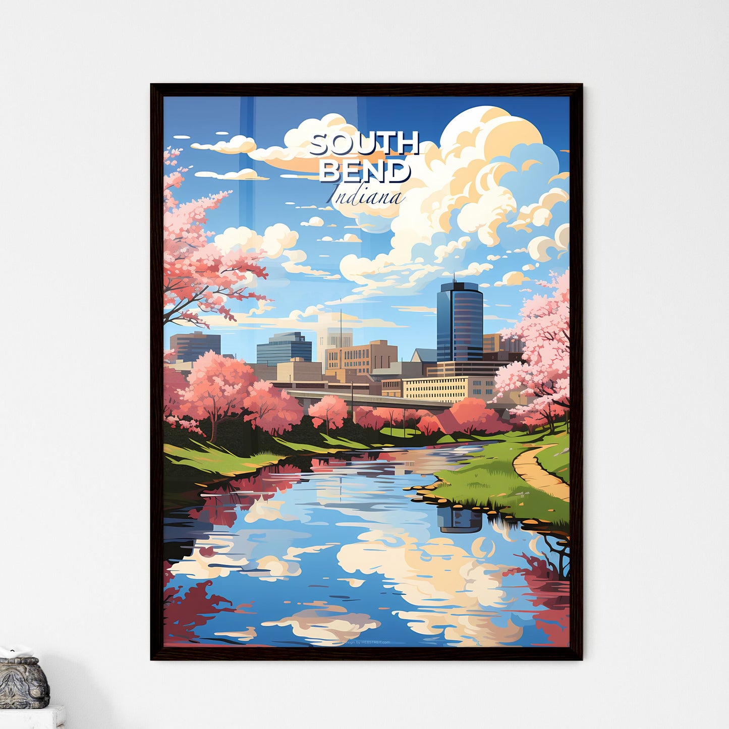 South Bend, Indiana, A Poster of a river with pink trees and buildings in the background Default Title