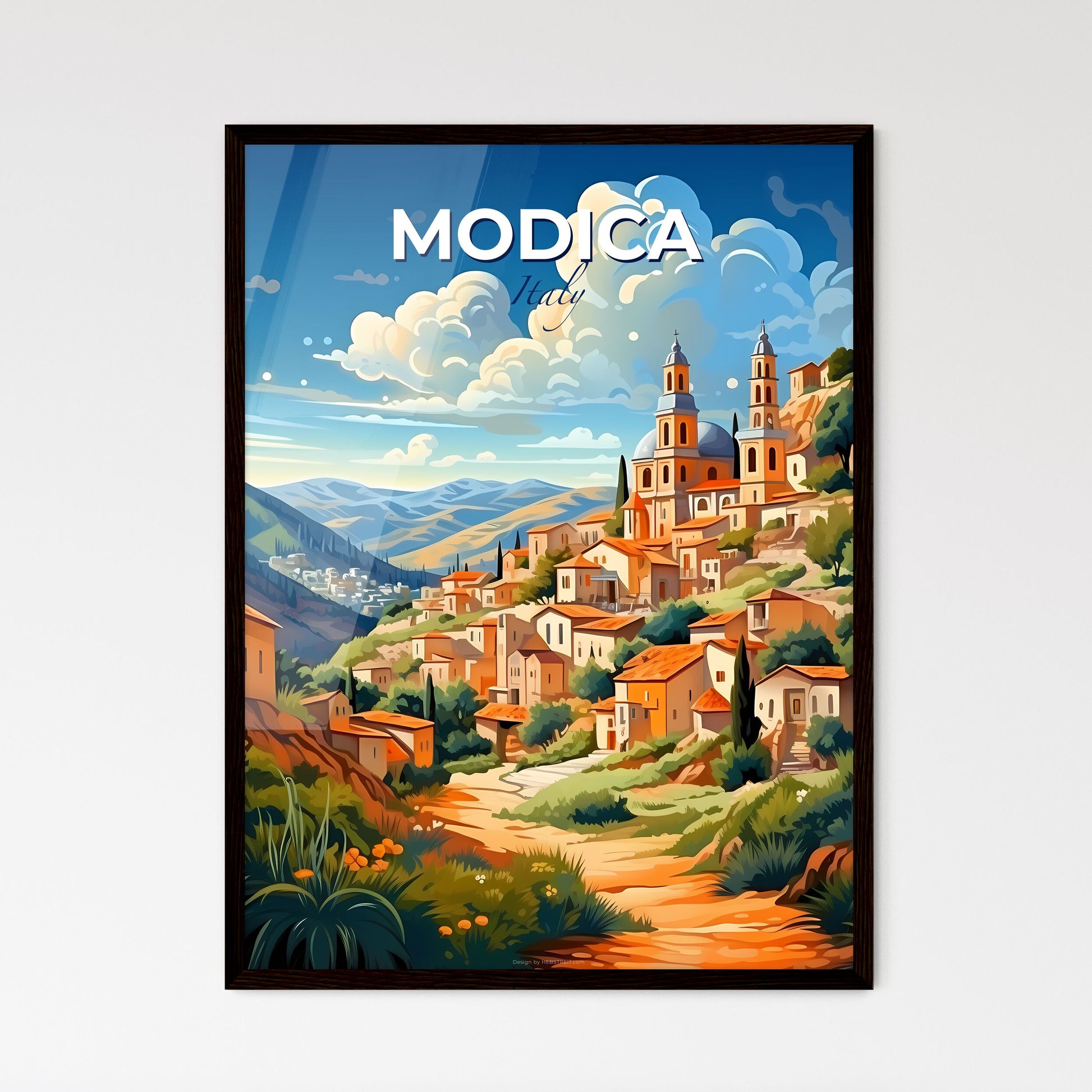 Modica, Italy, A Poster of a painting of a village on a hill Default Title