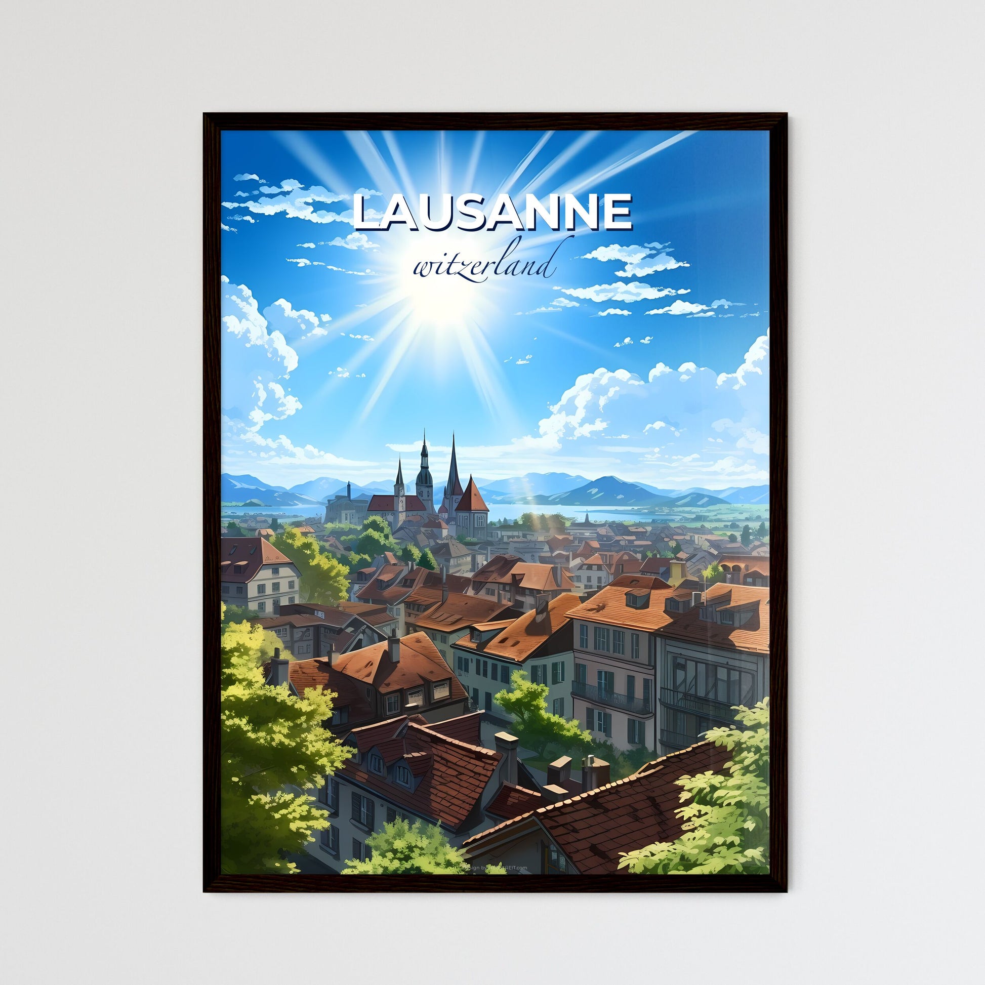 Lausanne, witzerland, A Poster of a city with buildings and trees and the sun Default Title
