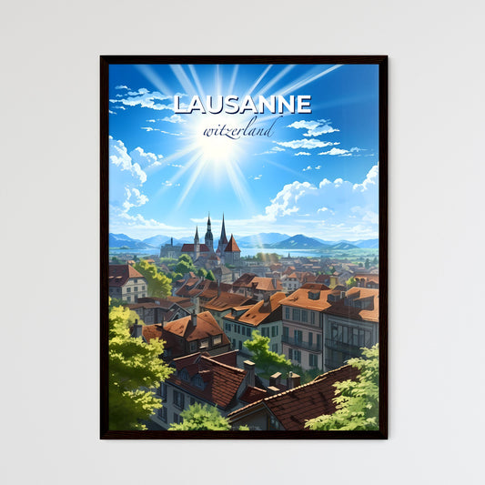 Lausanne, witzerland, A Poster of a city with buildings and trees and the sun Default Title
