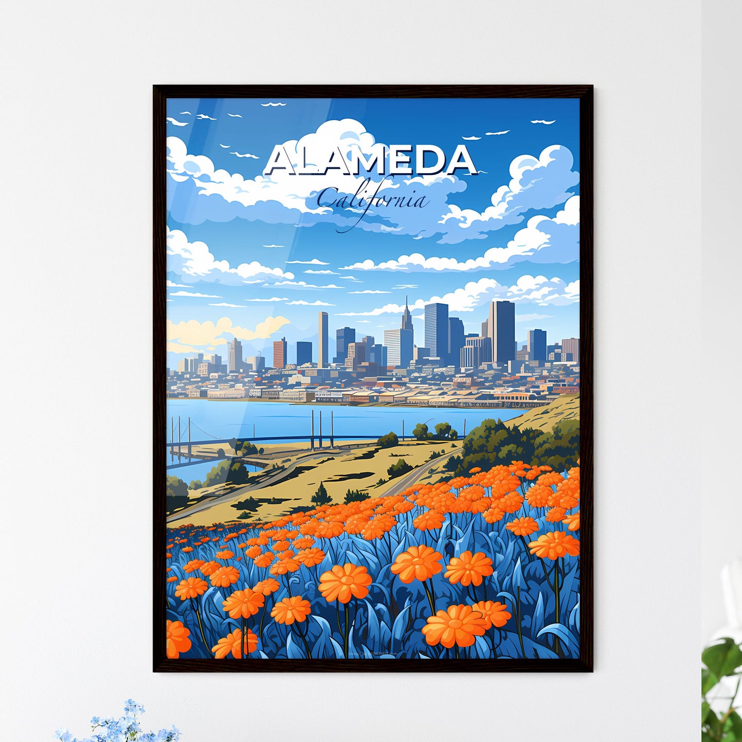 Alameda, California, A Poster of a city landscape with orange flowers and a body of water Default Title