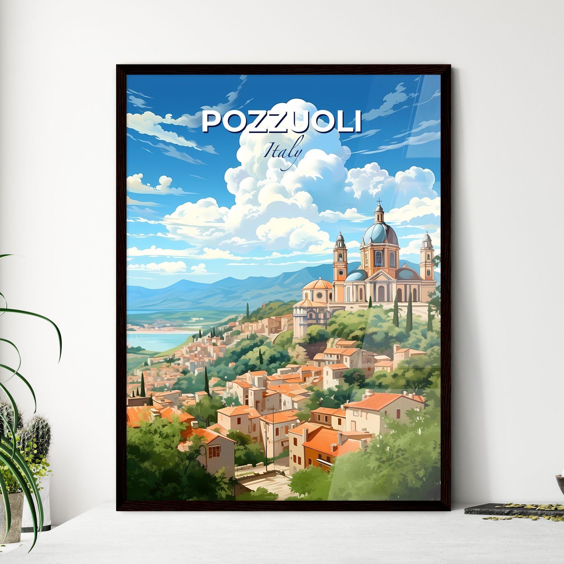 Pozzuoli, Italy, A Poster of a building on a hill with trees and mountains in the background Default Title