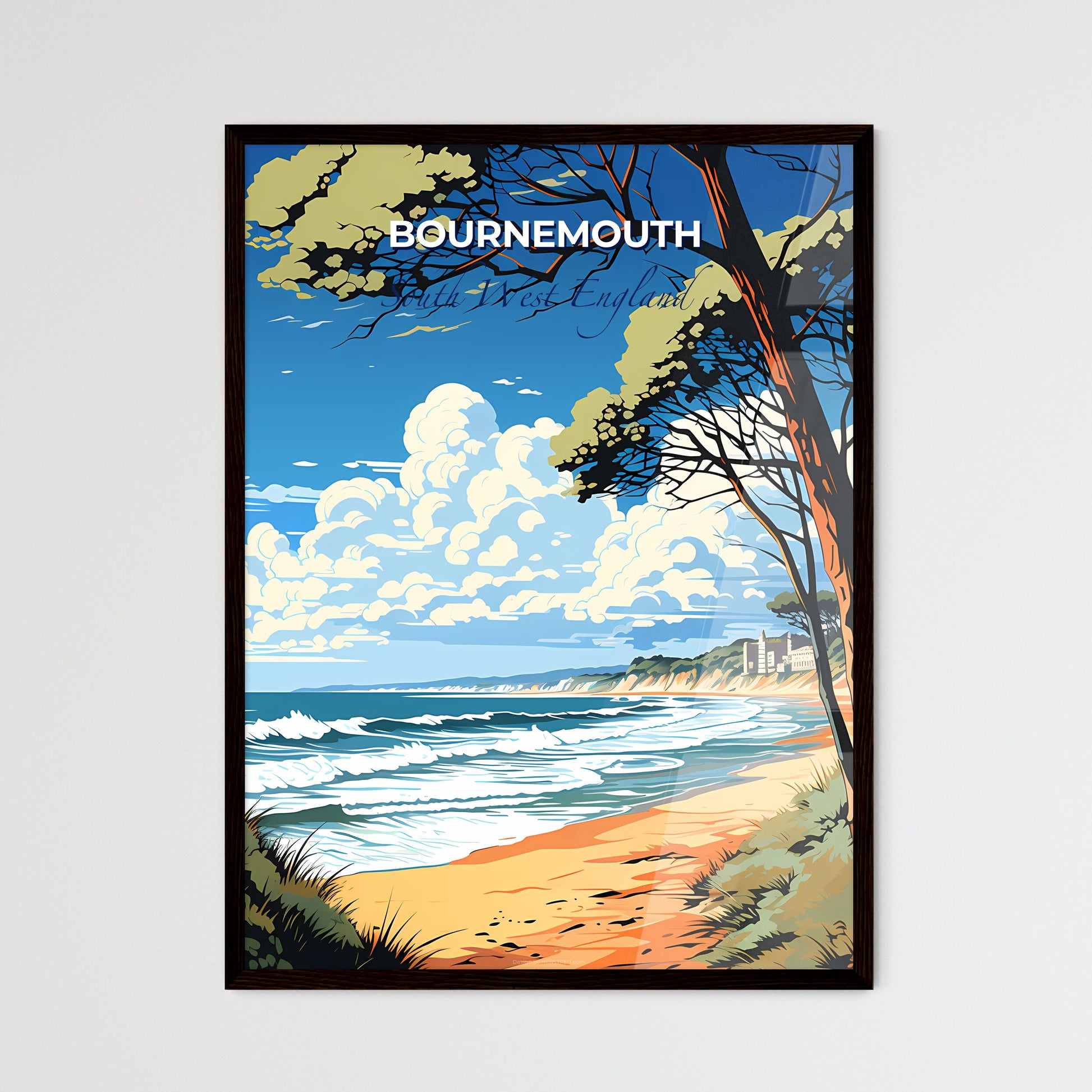 Bournemouth, South West England, A Poster of a beach with trees and waves Default Title