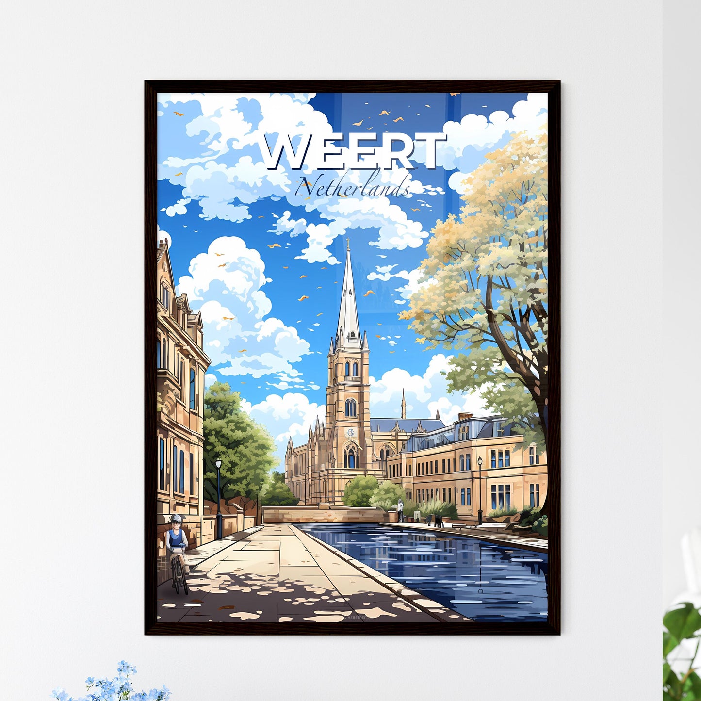 Weert, Netherlands, A Poster of a building with a clock tower and a pond Default Title