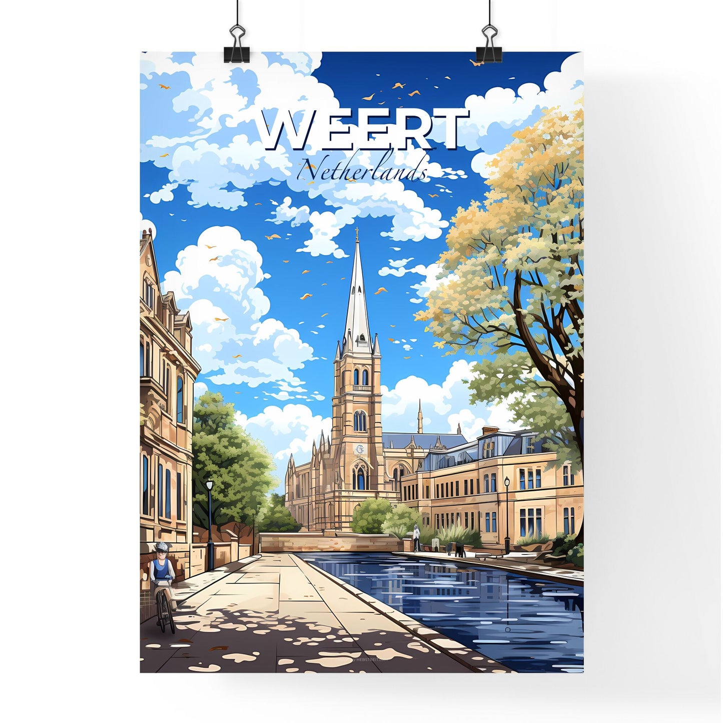 Weert, Netherlands, A Poster of a building with a clock tower and a pond Default Title