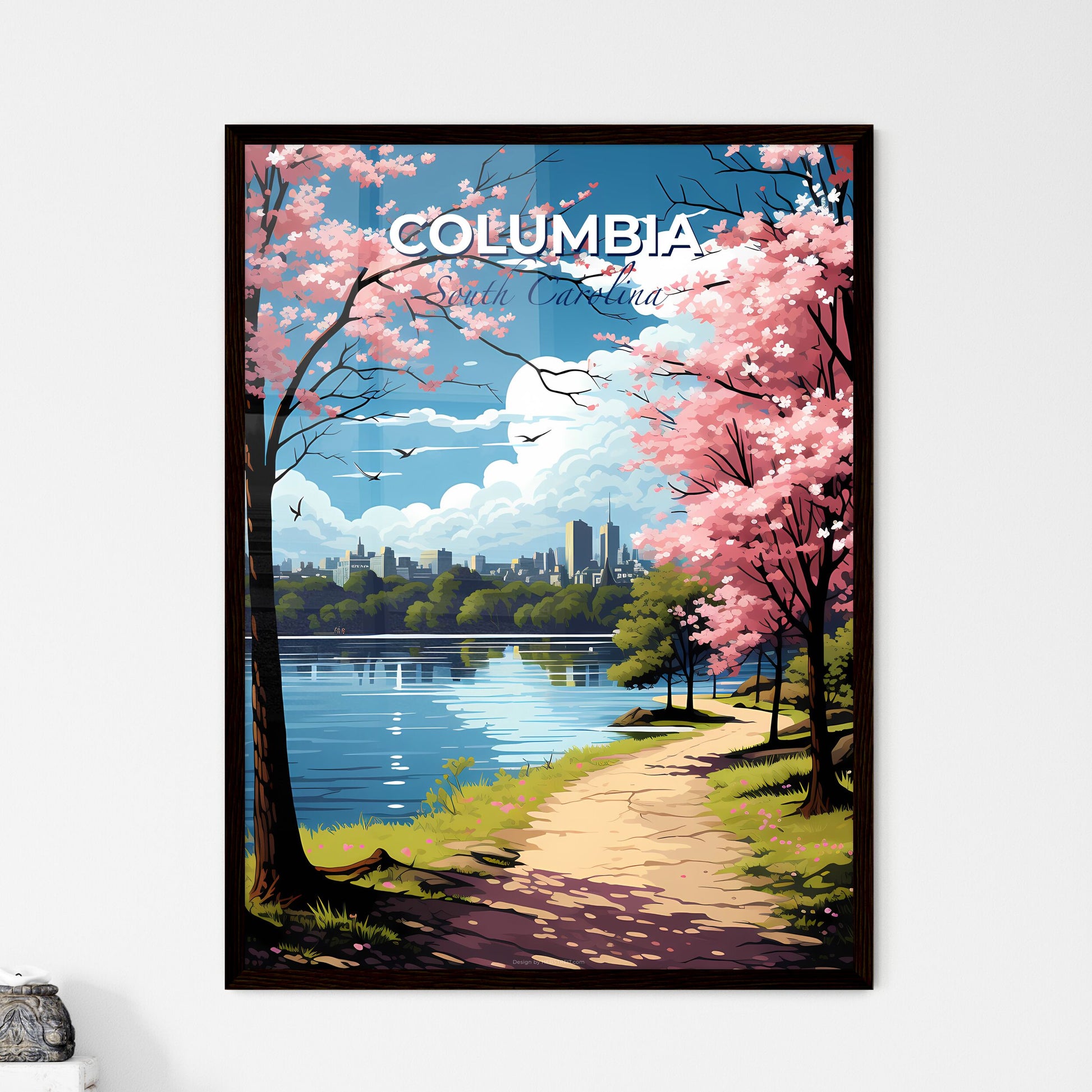 Columbia, South Carolina, A Poster of a path leading to a lake with pink trees and a city in the background Default Title